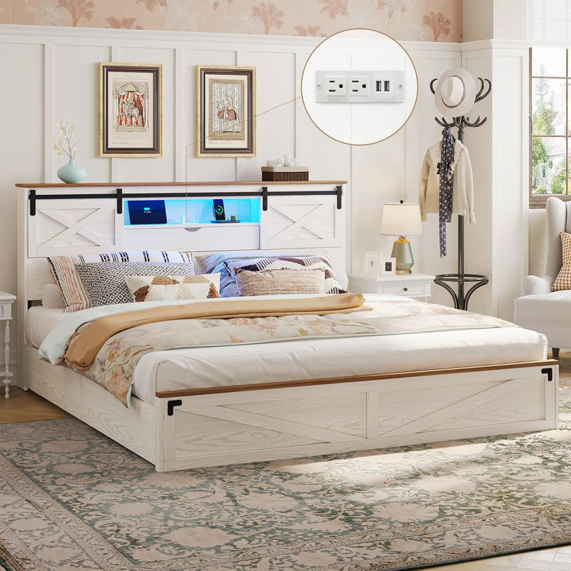 Gracie Oaks Farmhouse Bed Frame With Led Lights And Charging Station Wooden Platform Bed With 2 Storage Drawers Rustic Accent Headboard With Sliding Barn Door Storage Cabinets White Reviews Wayfair